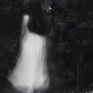 a woman in a white dress is walking through the woods Halloween Not Blurry Haunted Woods Aesthetic, Pretty Ghost, Ghost Beauty, dark slate gray