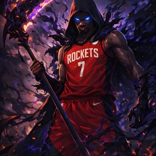 a painting of a basketball player holding a stick and wearing a red uniform with flames behind him Halloween Nba I Love Basketball, Superhero, Love And Basketball, black