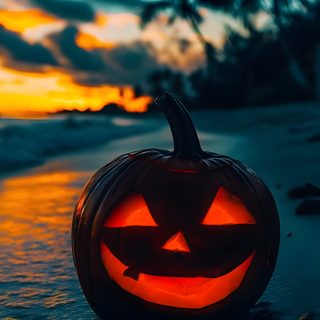 a carved pumpkin sitting on top of a sandy beach next to the ocean at sunset Beach Halloween Halloween Sunrise, October Beach, Fall Beach Background, Beach Halloween, dark slate gray