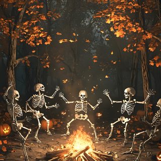Spooky Skeletons Dancing Around A Campfire In Forest For Halloween Celebration Background Spooky Skeleton Background, Date Night, Halloween Forest Wallpaper, Celebration Background, Halloween Skeletons Wallpaper, Date Night Outfit, Hd Wallpaper, Dark Gothic, Halloween Celebration Halloween Skeleton Party Spooky Skeleton Background, Date Night, Halloween Forest, dark slate gray