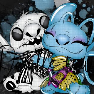 two cartoon characters sitting next to each other on a black and white background with splots Stitch Halloween Laptop Oogie Boogie Stitch And Jack Skellington, Stitch And Angel Human, Cute Halloween Stitch Pictures, dark slate gray