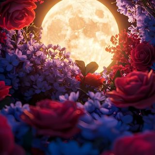 the full moon is surrounded by red and purple flowers Moonlight Flowers Halloween Floral Full Moon With Floral Background, Pink Flowers With Moon Background, Flower With Moon, dark slate gray