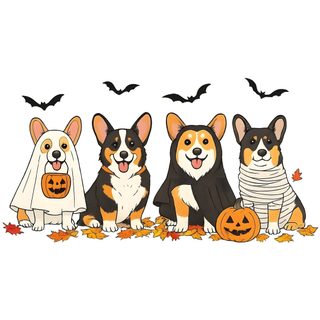 three corgi dogs dressed up in halloween costumes with bats and pumpkins around them Corgi Halloween Corgi Halloween, Bullet Planner, Home Decor Signs, Ghost, Halloween, Home Decor, white