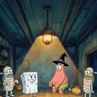 cartoon characters dressed up in costumes on a wooden floor with jack - o'- lanterns Spongebob Halloween dark slate gray