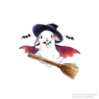 a drawing of a white rabbit flying on a broom with bats around it's legs Halloween Rabbit Bunny Bat, Halloween Bunny, Witch Hat Animal Drawing, white