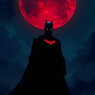 the dark knight stands in front of a full moon with his caped head down Batman Halloween Iphone Dark Knight Movie Night Ideas, Batman Night Sky Art, Batman Silhouette With Red Moon, black