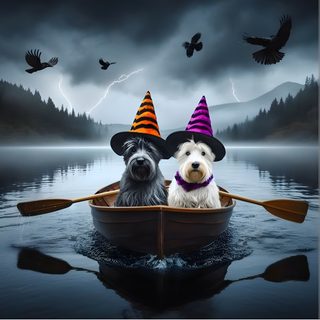 two dogs wearing witches hats in a row boat on the water with birds flying overhead Halloween Scottish Terrier Westie And Scottie Dogs, Scottish Terrier And Westie, Scottish Terrier Moon, dark slate gray