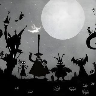 the silhouettes of people in halloween costumes are shown against a full moon and bats Nightmare Before Christmas Halloween Town Nightmare Before Christmas, Tim Burton Style, Tim Burton Movie, dim gray