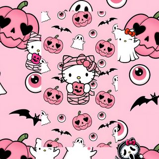 a pink background with lots of cartoon characters and pumpkins in the center, on top of each other Hello Kitty 4k Halloween Fantasy Art, Halloween Iphone Hello Kitty, Halloween, pink