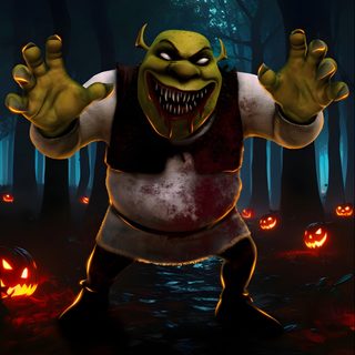 a cartoon character is standing in the woods with his arms out and eyes wide open Halloween Shrek Shrek Horror, Scary Shrek, Shrek Evil Characters, Shrek With Black Background,