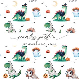 seamless pattern with cute dinosaurs and pumpkins on white background for children's wallpaper Halloween Dinosaur For Nursery Fall Dinosaur, Halloween Dinosaur, Cute Fall Dinosaur, white