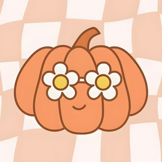 an orange pumpkin with daisies in its eyes on a pink checkered pattern background Preppy Halloween Aesthetic wheat