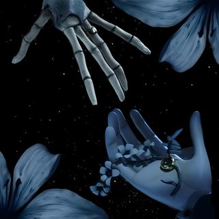 two hands reaching for each other in front of blue flowers with stars and space behind them Halloween Iphone Corpse Bride Spooky Background, Flowers Black Background, Tim Burton Corpse Bride,