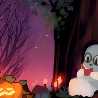 an animated halloween scene with ghost and pumpkins in the woods, surrounded by trees Kawaii Halloween Gif Deltarune Pumpkin Dance Gif, Happy Halloween Pokemon Gif, Deltarune Pumpkin Gif, indigo