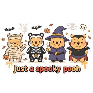 three bears dressed up in halloween costumes with the words just a spooky pooh Winnie The Pooh Halloween Halloween Winnie The Pooh Drawing, Winnie The Pooh Halloween, Cute Happy Halloween Winnie The Pooh, white