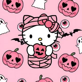 hello kitty halloween wallpaper with lots of pumpkins and ghost faces on pink background Spooky Halloween Hello Kitty Pink Hello Kitty Halloween Background, Pink Pink Hello Kitty Halloween Background, Iphone Cute Hello Kitty Halloween,