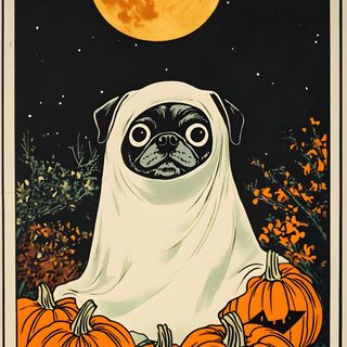 a pug dog in a ghost costume surrounded by pumpkins with a full moon behind it Halloween Pug Iphone Cute Home Screens, Halloween, dark olive green