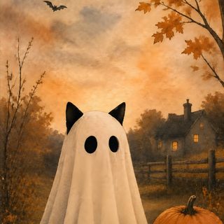a painting of a white ghost and black cat sitting next to pumpkins in front of a full moon Halloween Cat Ideas peru