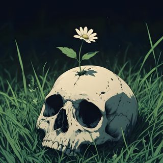 a skull sitting in the grass with a flower growing out of it's head Halloween Skull 4k Deep Meaning Designs, Skull In Grass Drawing, Walpaper Skull, Skull Flower Design, black