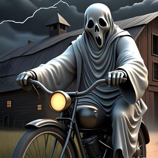 a skeleton riding on the back of a motorcycle in front of a barn under a cloudy sky Halloween Motorcycle Biker Halloween, Love Animation, Halloween Drawings, Skull, Black Iphone, dark slate gray