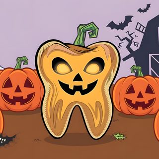 a cartoon tooth surrounded by pumpkins and bats Dental Halloween Desktop Happy Halloween, Halloween, peru