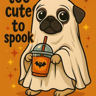 a pug dog holding a cup with boo on it's face and saying too cute to spook Halloween Pug Iphone Halloween Pug Background, Pug Halloween Drawing, Pug Halloween, Halloween Dog, chocolate