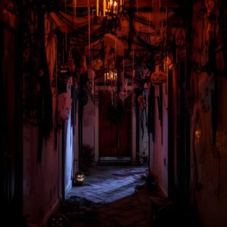 an empty hallway with lots of decorations and lights hanging from the ceiling in front of it Halloween Hallway Creepy Halloween Party, Halloween Party Photo, Creepy Houses, black