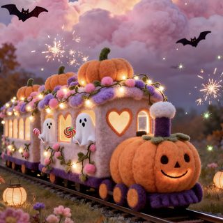 a halloween train with pumpkins and ghostes on the tracks in front of a full moon sky Halloween Train Happy Halloween Pictures, Halloween Iphone Backgrounds, Halloween Eve, Retro Iphone, gray