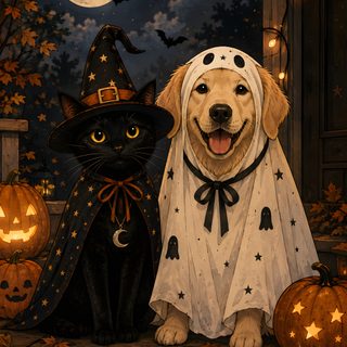 two dogs and a cat dressed up for halloween Cute Dog And Cat Halloween black