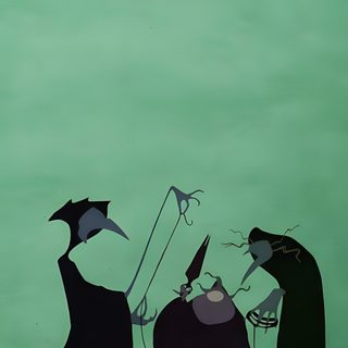 two black crows are standing next to each other on a green background and one is holding a knife Halloween Disney Villains Princess And The Frog Aesthetic Painting, Disney Villan, Disney Villians, cadet blue
