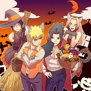 three people dressed in halloween costumes standing next to each other with bats and pumpkins Naruto Halloween Yandere Naruto X Reader, Naruto X Child Reader, Naruto Adopted Fanfiction, sienna