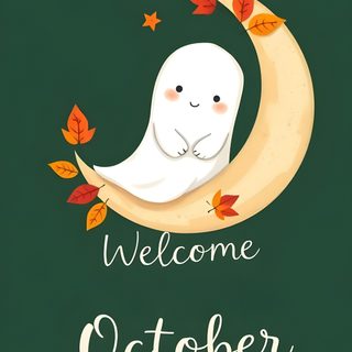 a poster with an animal sitting on the moon and leaves around it that says welcome october Halloween Hello October Happy October, October Cute, Cute October, Hello October Halloween, dark slate gray