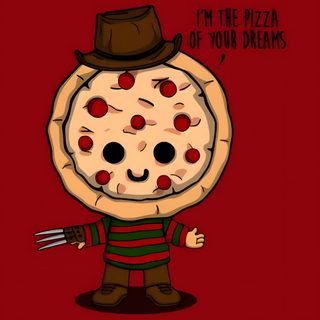 a cartoon character wearing a hat and holding a fork in one hand with the words i'm the pizza of your dreams on it Halloween Pizza Cartoon Metal Posters, Cheesy Pizza Drawing, Cheesy Cartoon Pizza, dark red