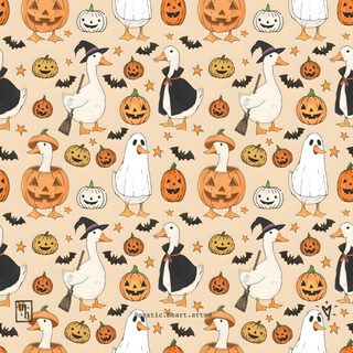 a group of ducks and pumpkins on a light colored background with black bats, jack - o'- lanterns, and stars Halloween Goose Cute Halloween Duck, Halloween Ducks, Thanksgiving Pattern, Halloween Duck Backgrounds, wheat