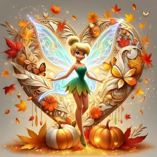 a beautiful fairy standing in front of a heart shaped frame with autumn leaves and pumpkins Tinkerbell Halloween Tinkerbell Thanksgiving, Tinkerbell Season Fairies, Tinkerbell Halloween Images, rosy brown