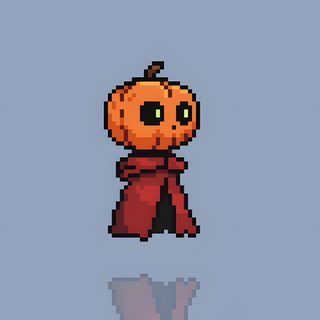 an orange pumpkin with a red scarf on it's head is reflected in the water Halloween Pixel Art Gif Halloween Background Pixel Art, Sims Pixel, Monster Pixelart, dark gray