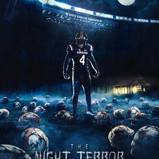 a football player standing in the middle of a field Cool Halloween Football Neon Night Posters Football, Football Field Under Stadium Lights, Football Game Night Design, black
