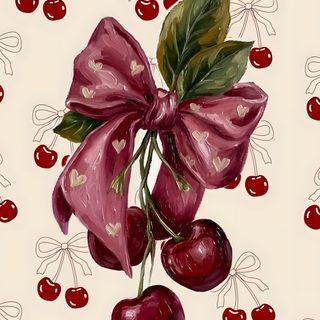 a painting of cherries on a white background with red bows and bowknots Halloween Cherry antique white