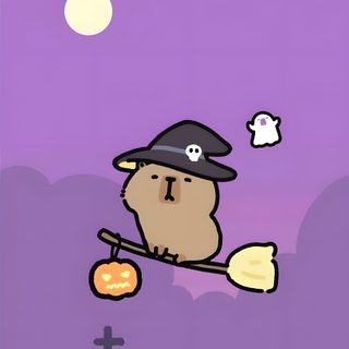 a cartoon character flying through the air with a broom Capybara Halloween Purple Capybara, Capybara Gif, Fall Capybara, Capybara Halloween Drawing,