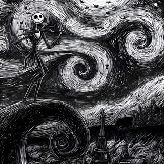 a black and white drawing of jack skellingy on the night sky with stars Black And White Halloween Tim Burton Ipad, Halloween Spooky, Dark Fall Aesthetic, dark slate gray