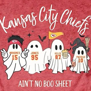 the kansas city chiefs shirt has three ghost characters on it and one is holding a flag Chiefs Halloween Chiefs Halloween Costume, Chiefs Pumpkin Painting, Kc Chiefs, Kansas, indian red