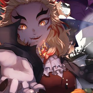 an anime character is surrounded by pumpkins Rengoku Halloween Anime Character With Halloween Theme, Anime-themed Party Decor, Halloween Anime Art, dim gray