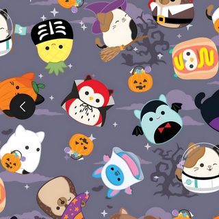 an image of halloween themed wallpaper with cats and pumpkins on the ground in various colors Cute Halloween Squishmallow Squishmallows, dim gray