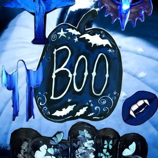 an image of halloween decorations with bats and pumpkins in the background, including boo Blue Cute Halloween dark slate blue
