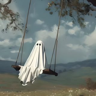 a painting of a ghost on a swing Halloween Ghost Tree Ghost Aesthetic Iphone, Iphone Ghost, Happy Ghost, Spooky Ghost, dim gray
