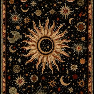 the sun, moon and stars are depicted in an intricately designed design on a black background Halloween Sun Pattern Witchy Moon Art, September Theme, Whimsigoth Poster, black
