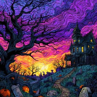 a halloween scene with pumpkins on the ground and a creepy house in the background Halloween Comic Halloween Illustration Art, Halloween Live, Castlevania, dark slate gray