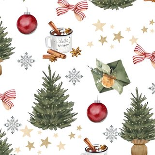 watercolor christmas tree with mugs and stars on white background, seamless pattern Cute Halloween And Christmas Christmas Background Iphone, Christmas Hd, Fondos De Pantalla De Feliz Navidad, white