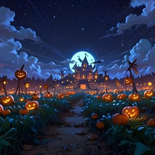 an animated halloween scene with pumpkins on the ground Halloween 5k Ideas Pc Halloween, Halloween Pc Background, Pumpkin Patch Computer Background, dark slate gray