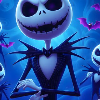 the jack skellingy skeleton is holding a knife in front of some pumpkins Halloween Jack Skellington Halloween Image, Halloween Nightmare Before Christmas, Cute Jack Skellington, midnight blue